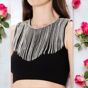 ZARA Black Ribbed Tank Top with Rhinestone Fringe – Statement Piece